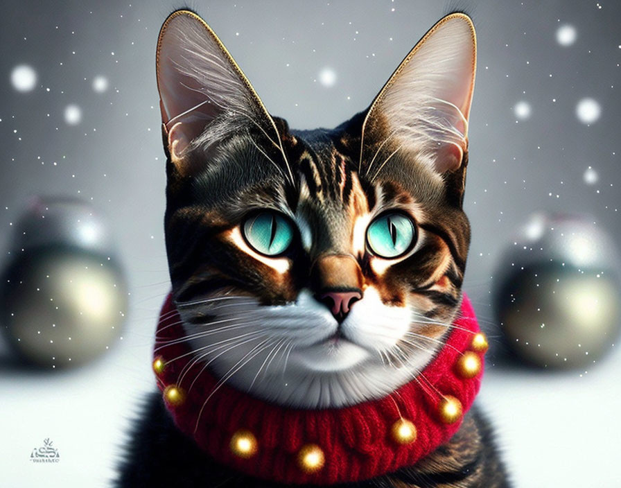 Digitally enhanced cat with blue eyes in festive collar on snowy background