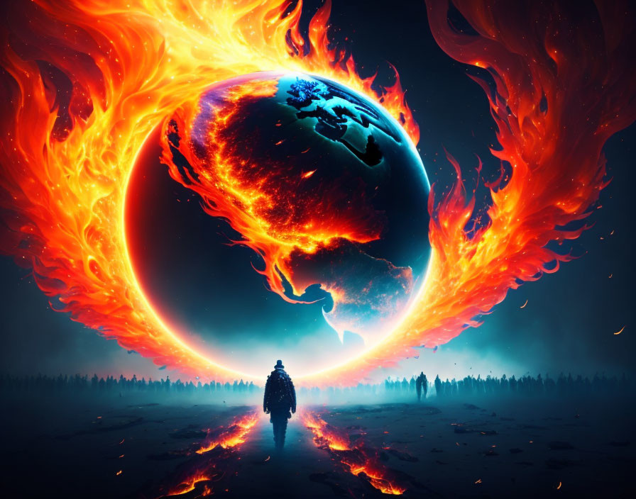 Person standing before fiery, phoenix-like Earth in surreal apocalyptic scene