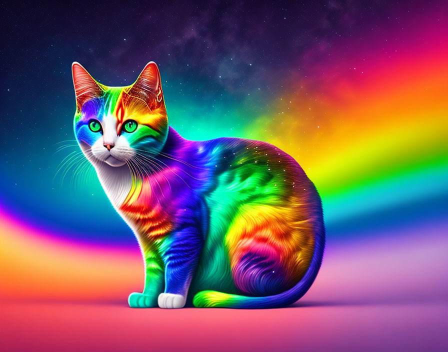 Colorful Cat with Rainbow Fur on Cosmic Background