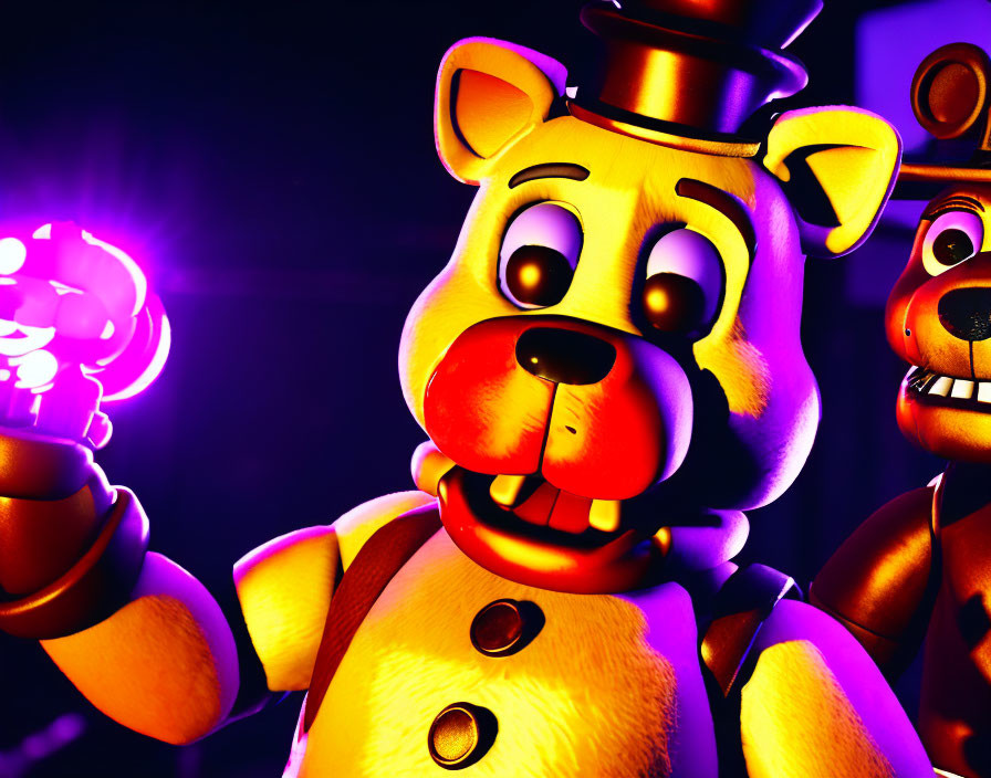 Animated robotic bears with glowing eyes and top hats in dimly lit setting