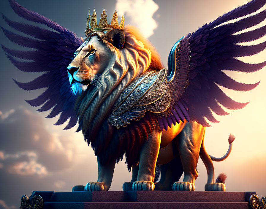 Winged lion with golden crown and armor in dramatic sky