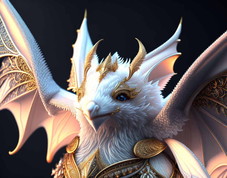 Majestic white feathered dragon in golden armor on dark background