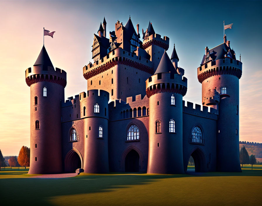 Majestic castle with towers and turrets under a sunset sky