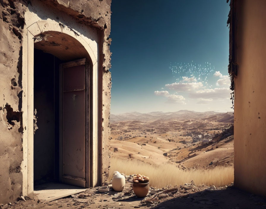 Dilapidated doorway with desert view and pitcher and bowl