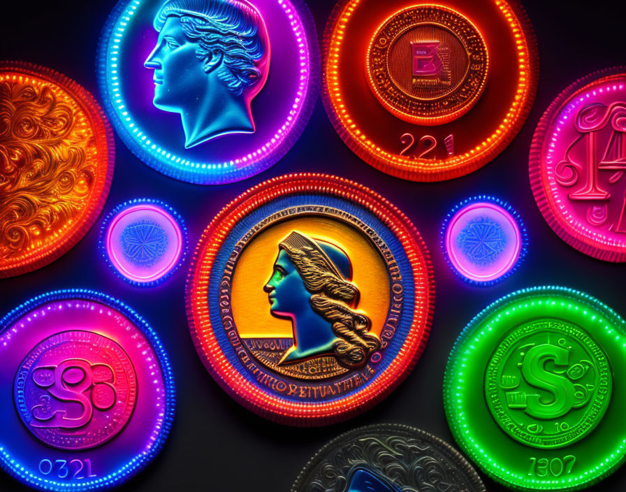 Vibrant coin illustrations on dark backdrop