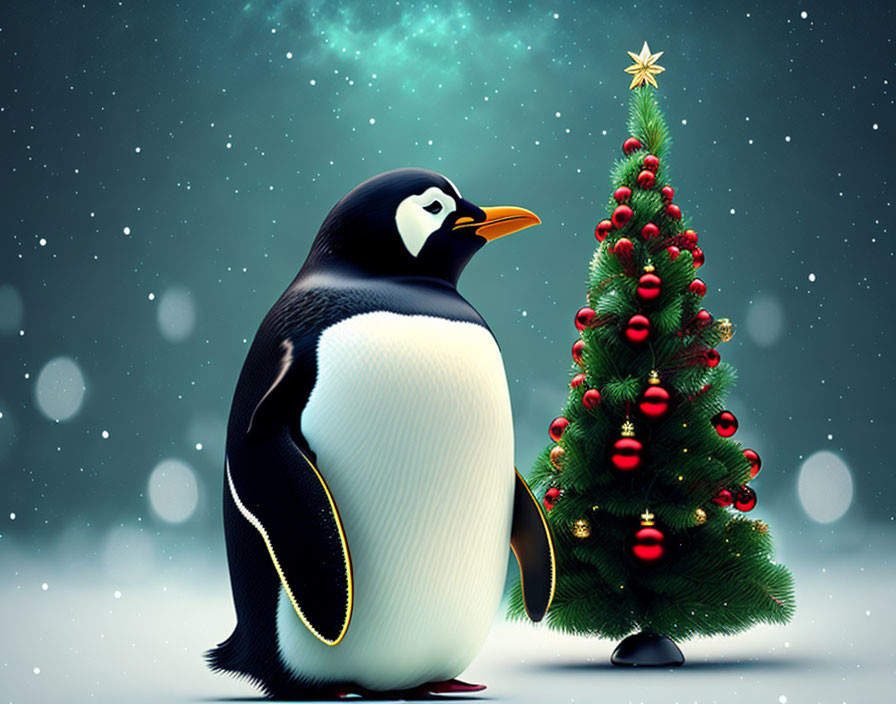 Cartoon Penguin with Christmas Tree in Snowy Scene