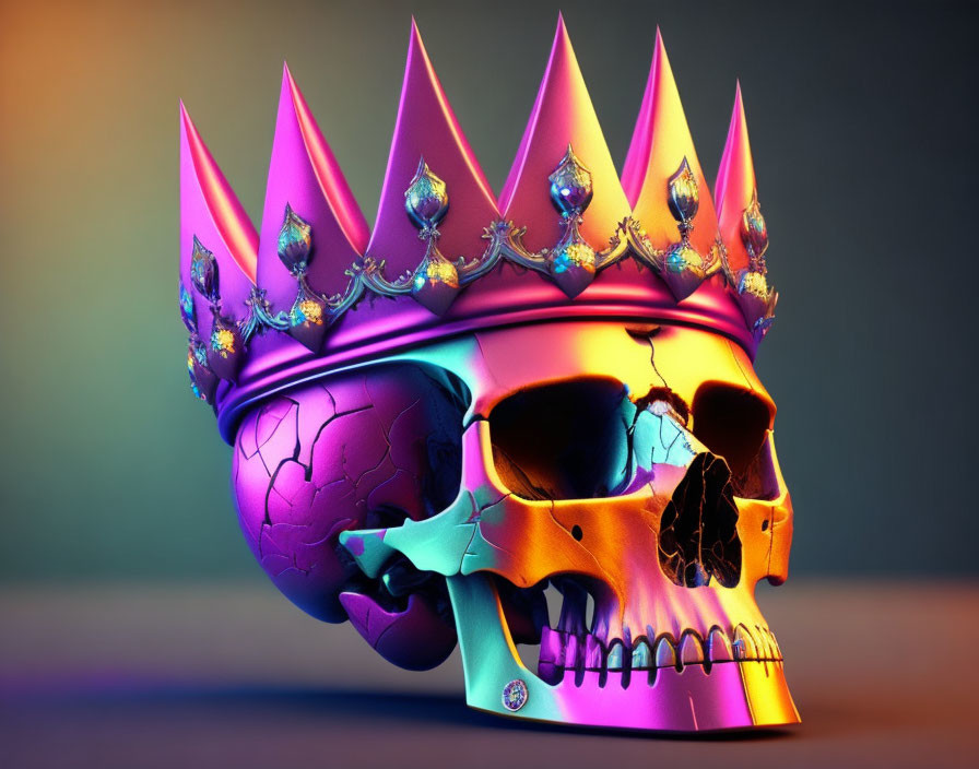 Colorful spiked crown on human skull with embedded jewels on gradient background