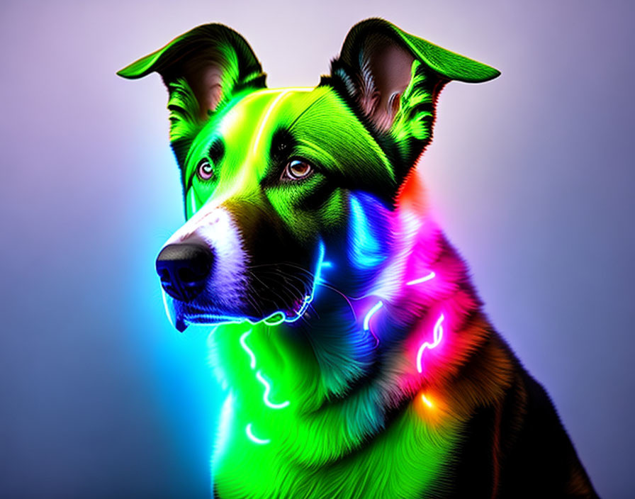 Vibrant neon colors on a dog against dark backdrop