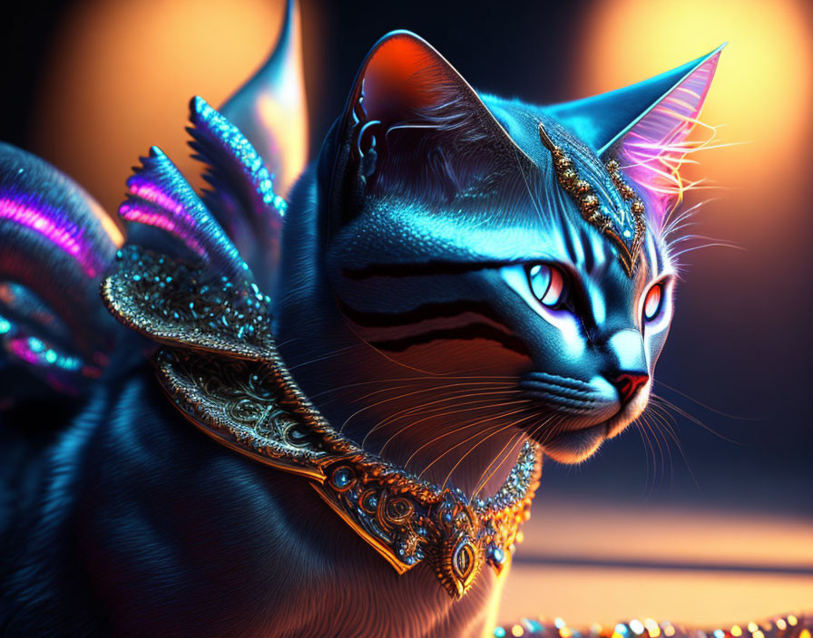 Colorful Digital Artwork: Cat with Ornate Jewelry, Blue Eyes, and Fantasy Wings