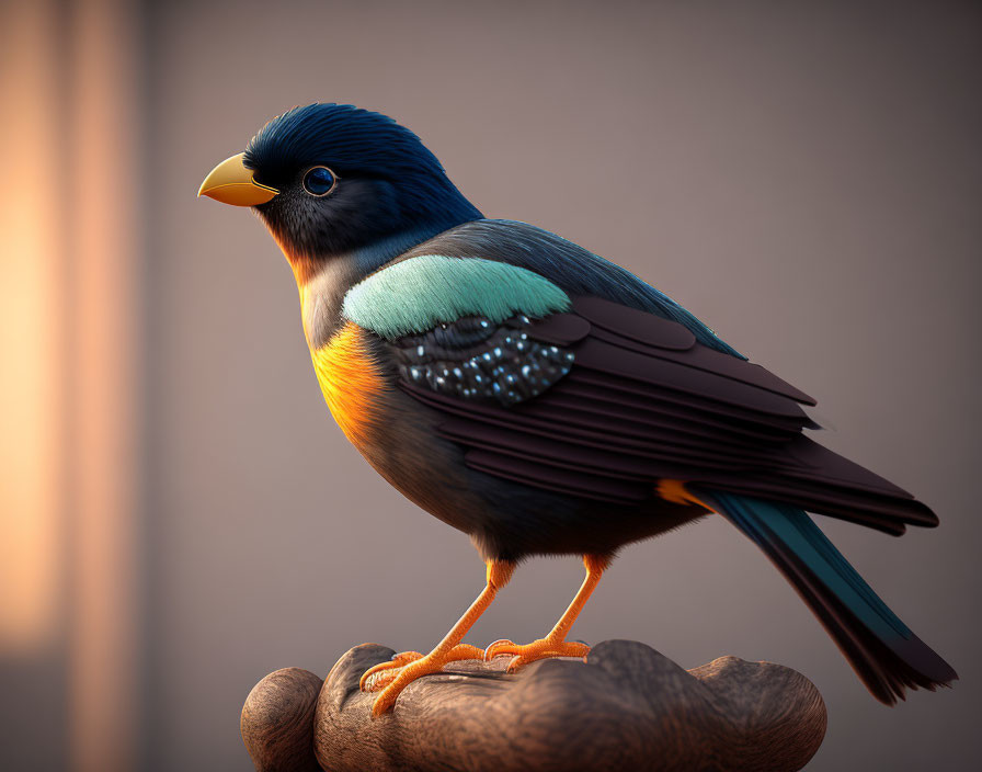 Colorful Bird with Yellow Beak, Blue Head, Orange Underparts, Brown Wings on Wooden Per