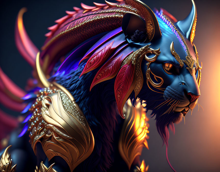 Blue Panther in Golden Armor and Feathers: Majestic Digital Artwork