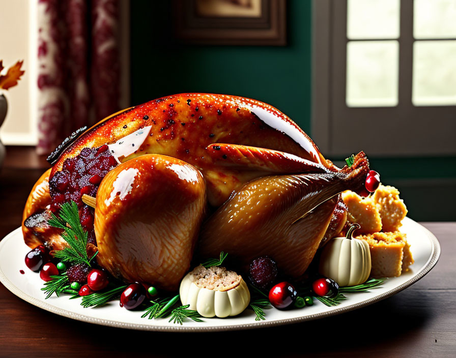 Roasted turkey with cranberries, herbs, stuffing, and vegetables on festive table