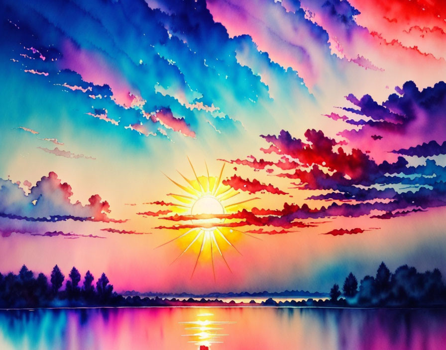 Colorful watercolor painting of a sunset over a serene lake