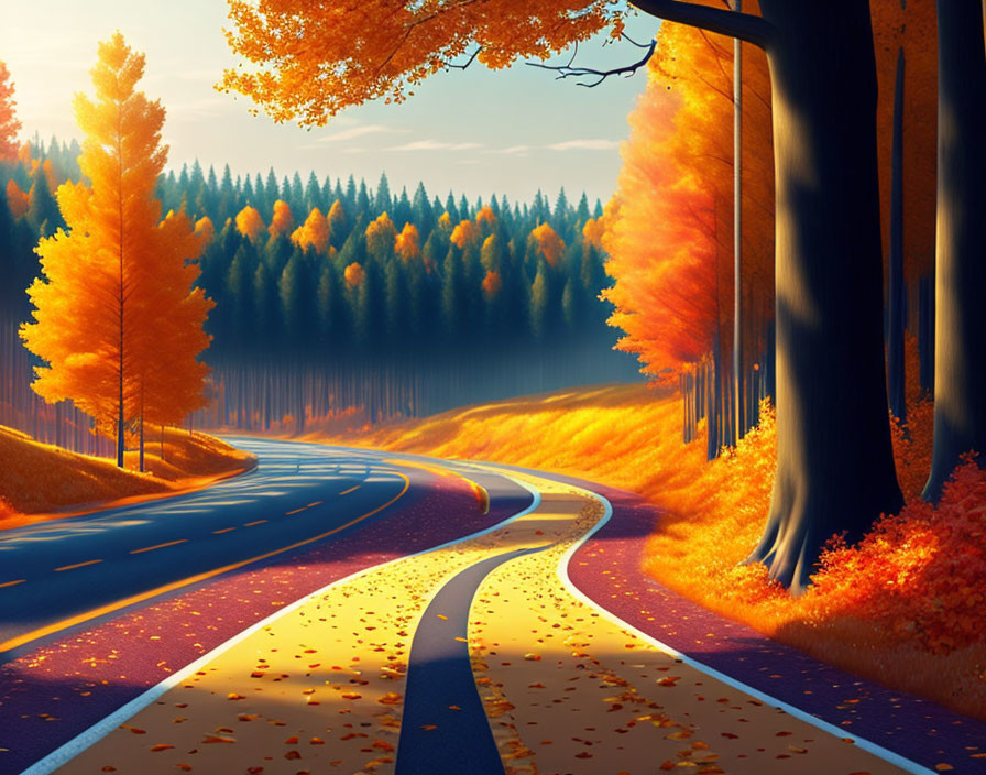 Tranquil autumn landscape with winding road and vibrant trees