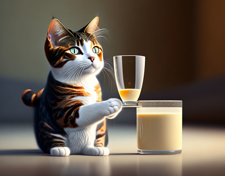 Tabby Cat Reaching for Beer Next to Milk in Warm Lighting