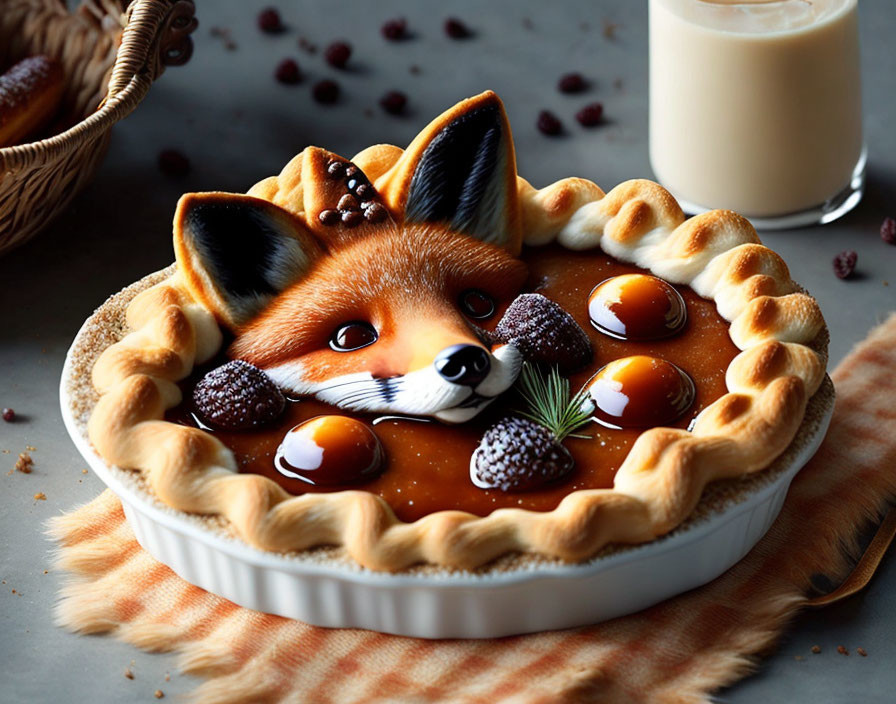 Fox Face Fruit Tart and Milk on Checkered Napkin