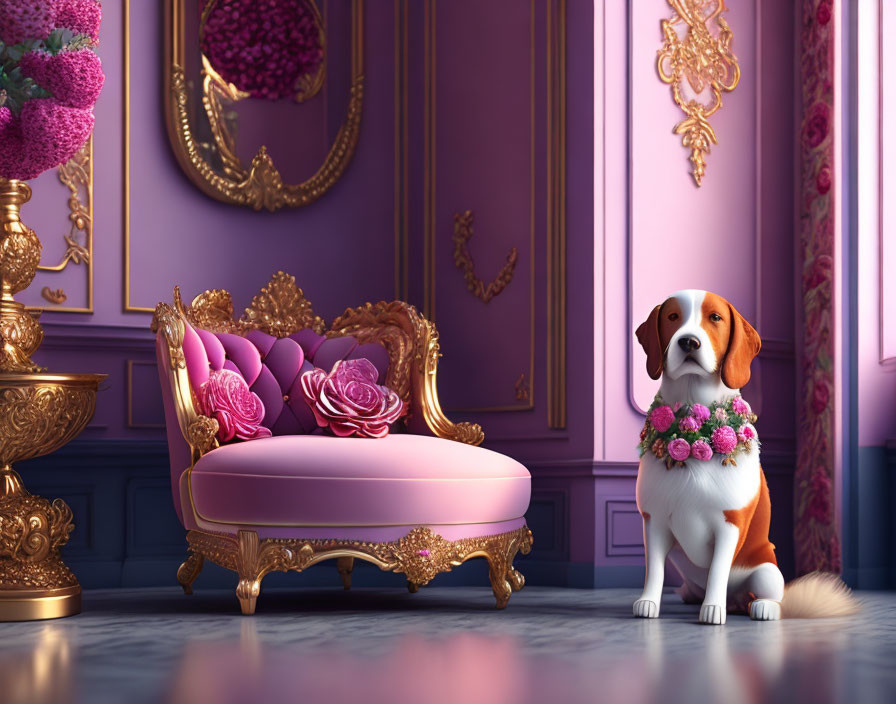 Beagle with floral collar in luxurious purple room