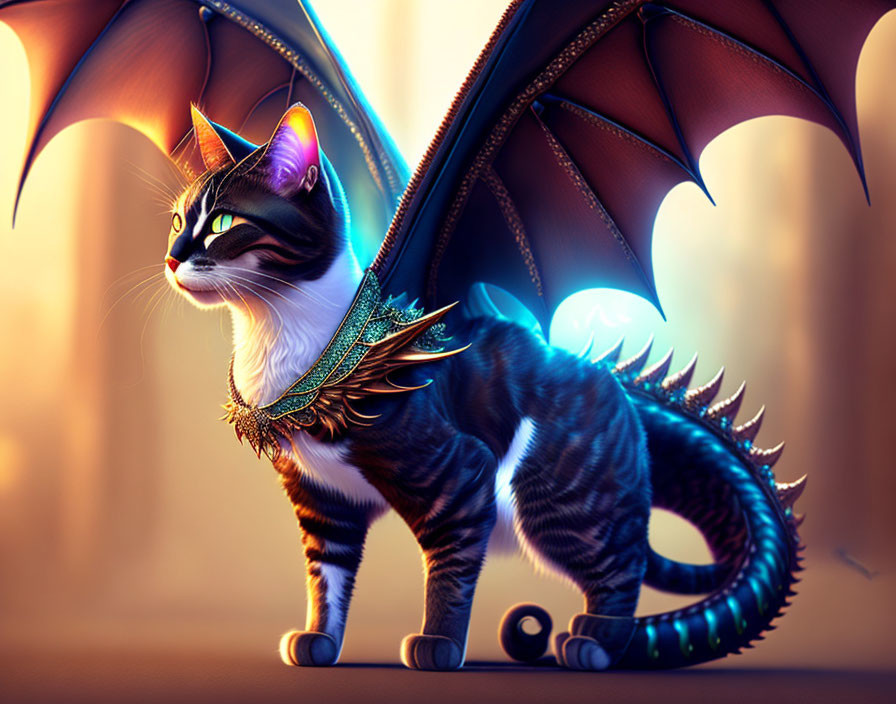 Fantasy artwork: Cat with dragon wings, scaly tail, regal collar on warm background