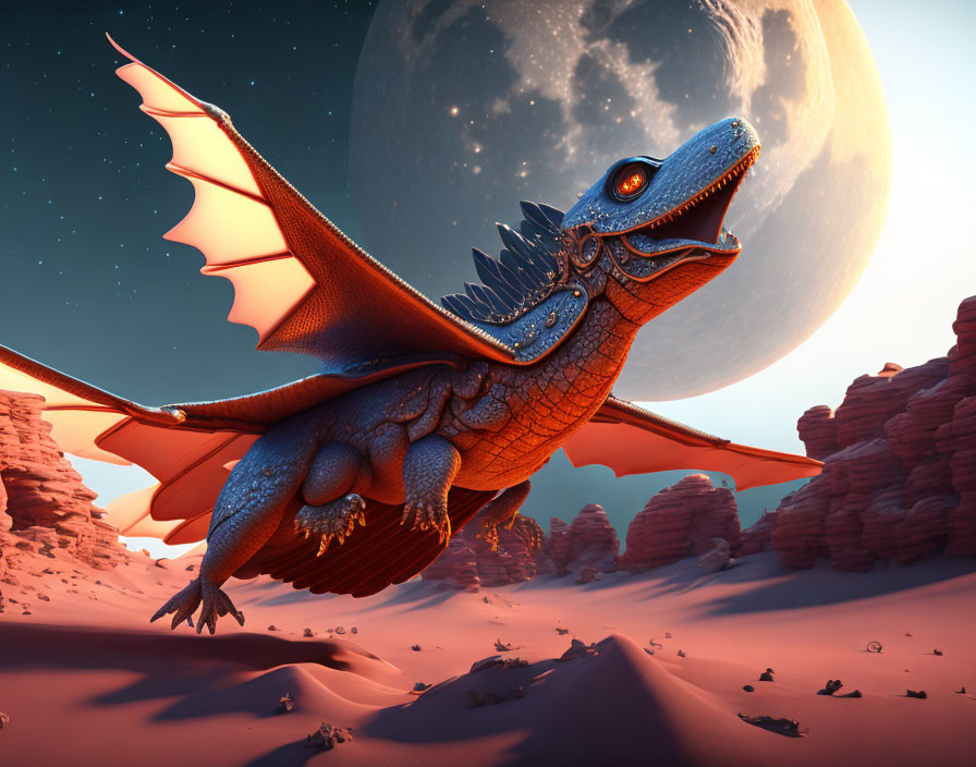 Blue and Orange Dragon Flying over Desert Landscape at Twilight