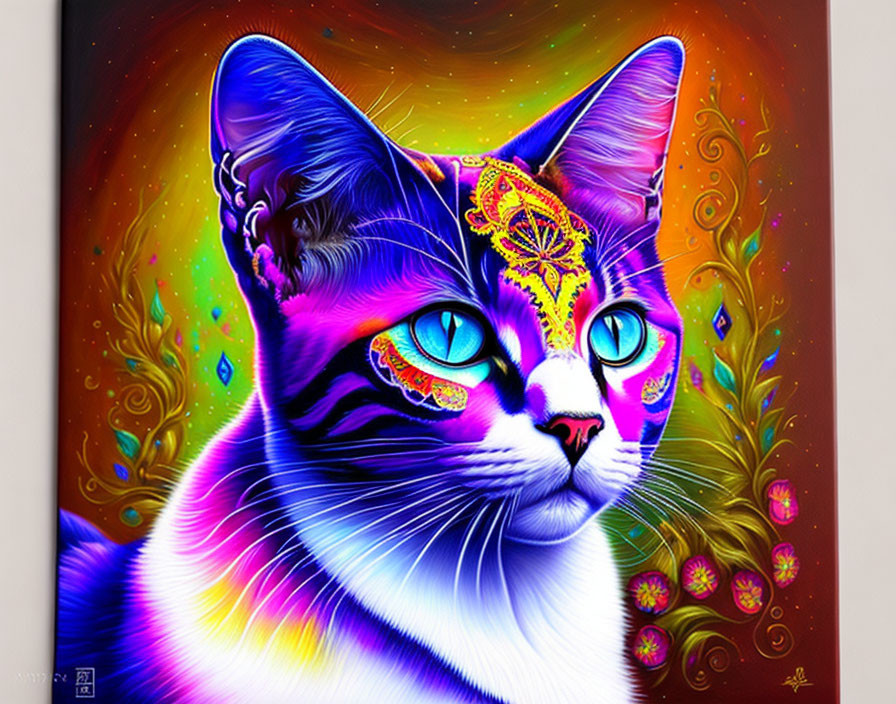 Colorful psychedelic cat portrait with intricate patterns and mesmerizing blue eyes