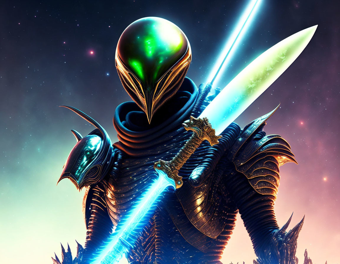 Futuristic warrior in black armor with glowing visor and neon blue blades