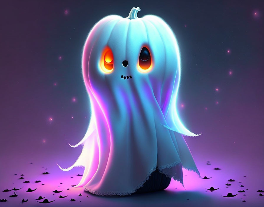 Cute ghost with pumpkin top and orange eyes on purple background