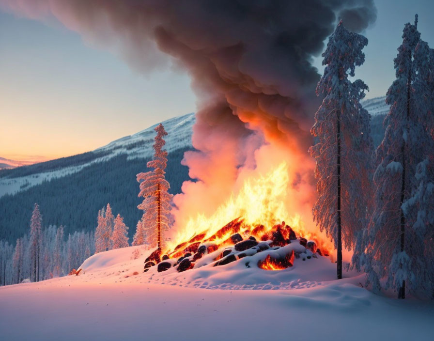 Snow-covered forest sunset scene with blazing fire and thick smoke