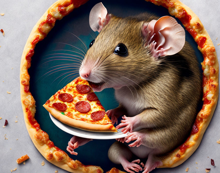 Photorealistic illustration of rat with pepperoni pizza slice in pizza crust circle