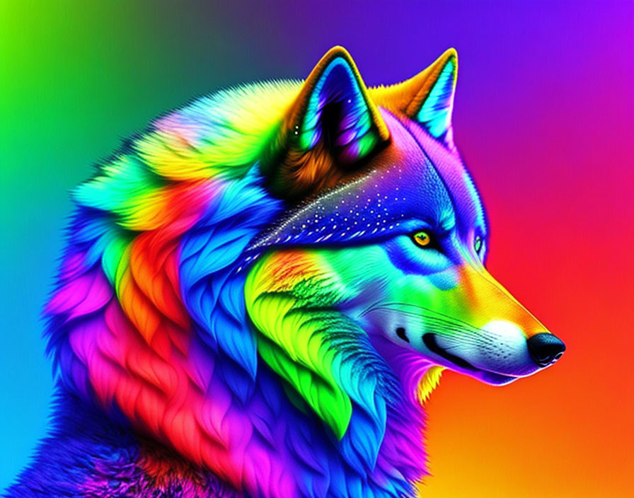 Colorful wolf digital art with rainbow fur and neon glow