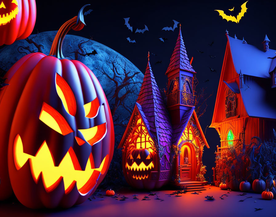 Nighttime Halloween Scene with Pumpkins, Full Moon, Bats, and Haunted Houses