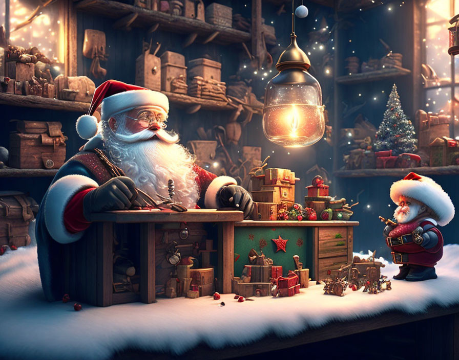 Santa Claus Workshop Scene with List Reading and Christmas Decorations