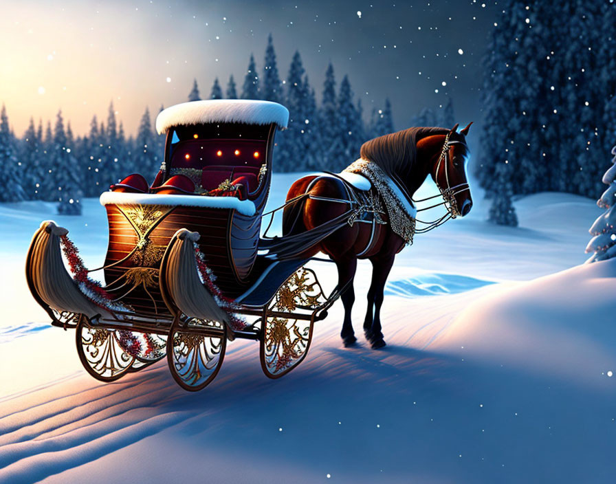 Festive horse-drawn sleigh in snowy winter landscape