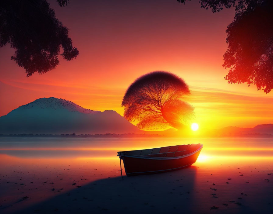 Tranquil lake sunset with boat, vibrant tree, warm hues