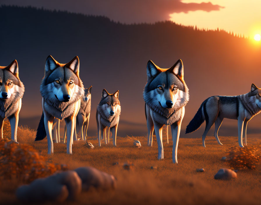 Group of wolves in golden-lit field at sunset with alpha wolf