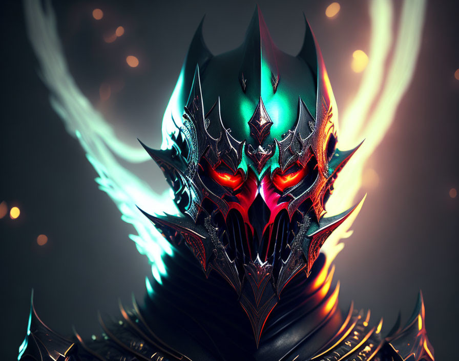 Fantasy helmet with glowing red eyes and blue flames on dark background