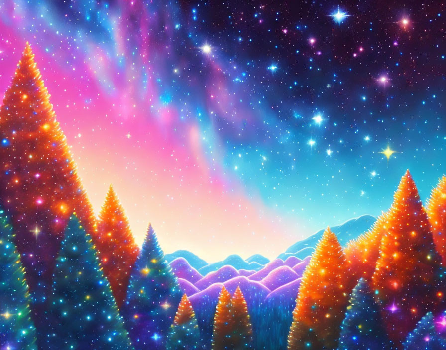 Colorful Digital Art: Pine Forest Night Sky with Aurora Lights