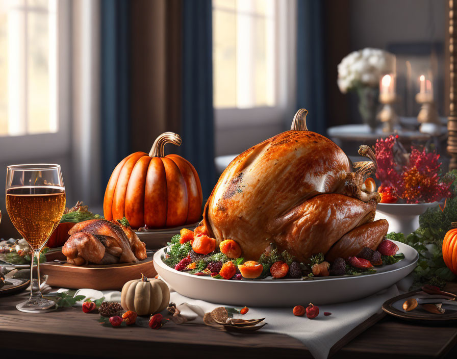 Thanksgiving dinner table with roasted turkey, pumpkins, wine glass, and garnishes in cozy room