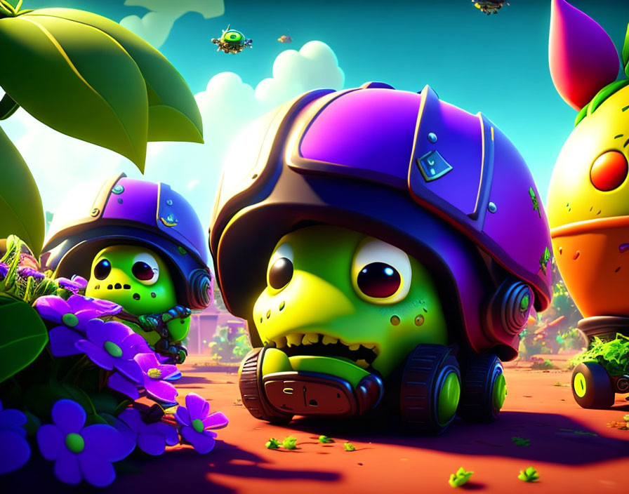 Vibrant illustration: Three cartoonish zombies in futuristic gear amidst lush plants and flying robots