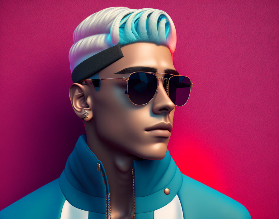 Digital portrait: person with blue-white hair, sunglasses, blue jacket on pink background