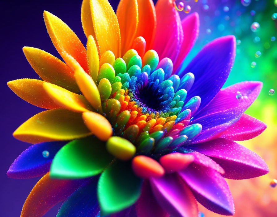 Colorful Flower with Gradient Petals and Water Droplets on Multicolored Background