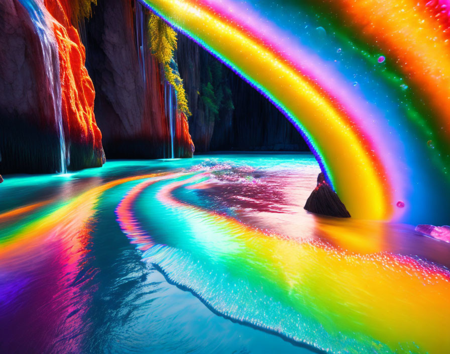 Colorful rainbows over river with waterfalls and cliffs