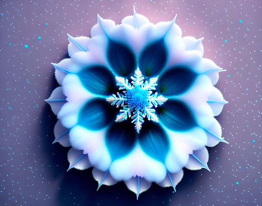 Symmetrical blue and white snowflake on gradient purple background