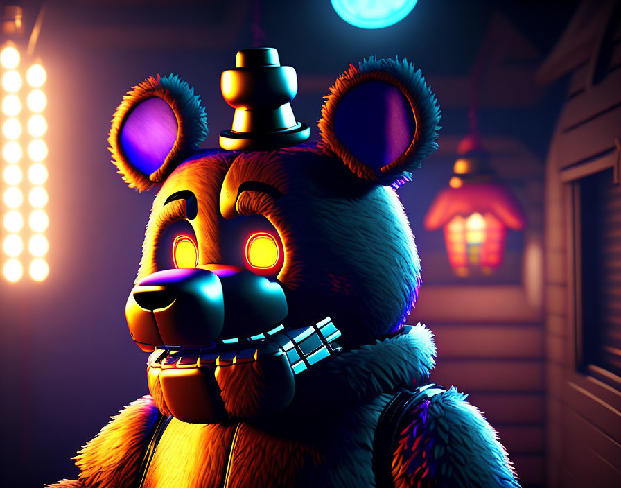 Colorful 3D Render of Glowing-Eyed Freddy Fazbear on Atmospheric Background