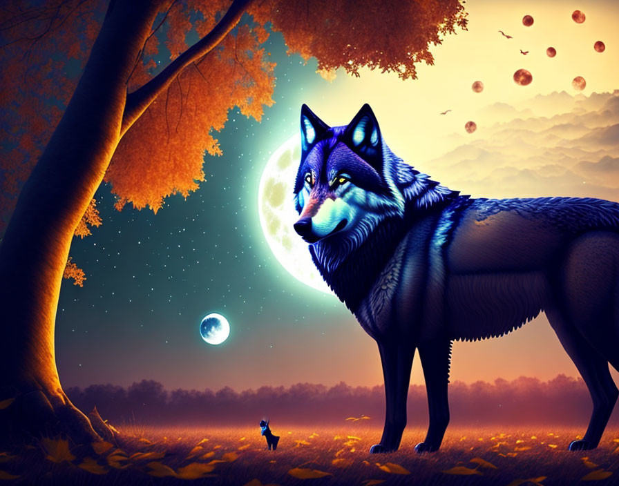 Blue and black wolf in mystical autumn forest with moon, falling leaves, bird.