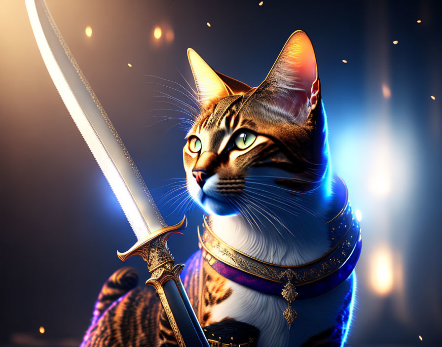 Majestic digital art of a cat in armor with a sword on blue backdrop