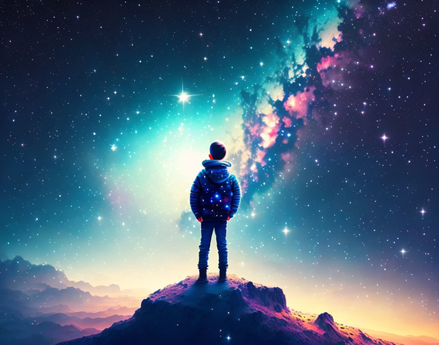 Child in spacesuit gazes at vibrant cosmos from rocky peak