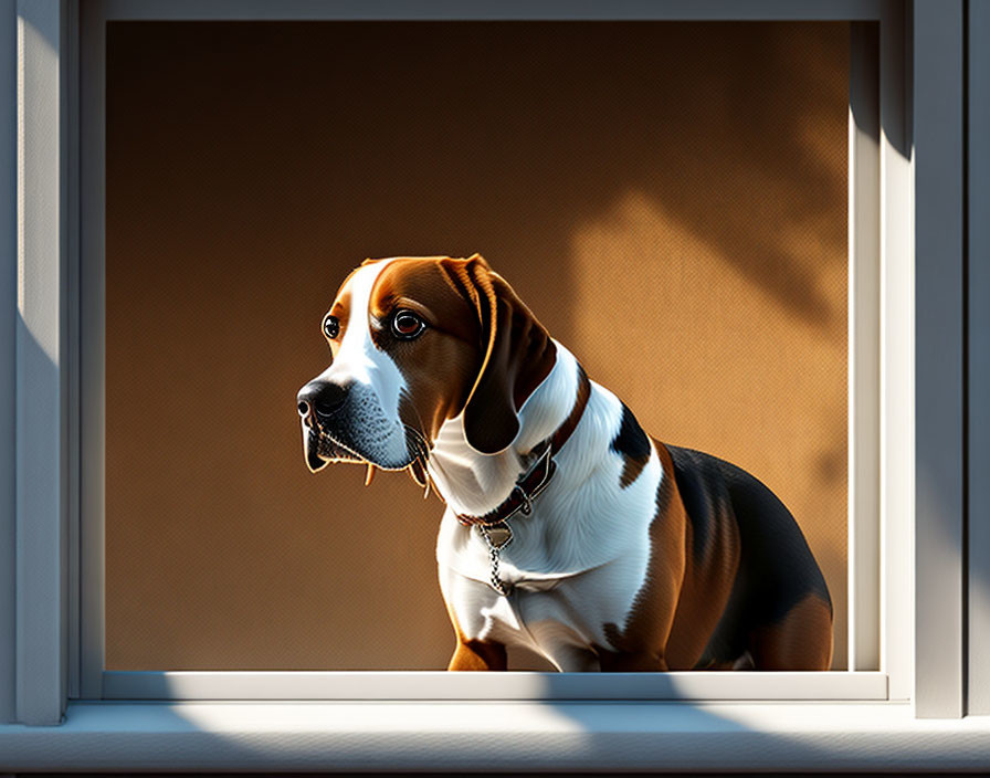 Beagle dog sitting indoors by window with sunlight shadows