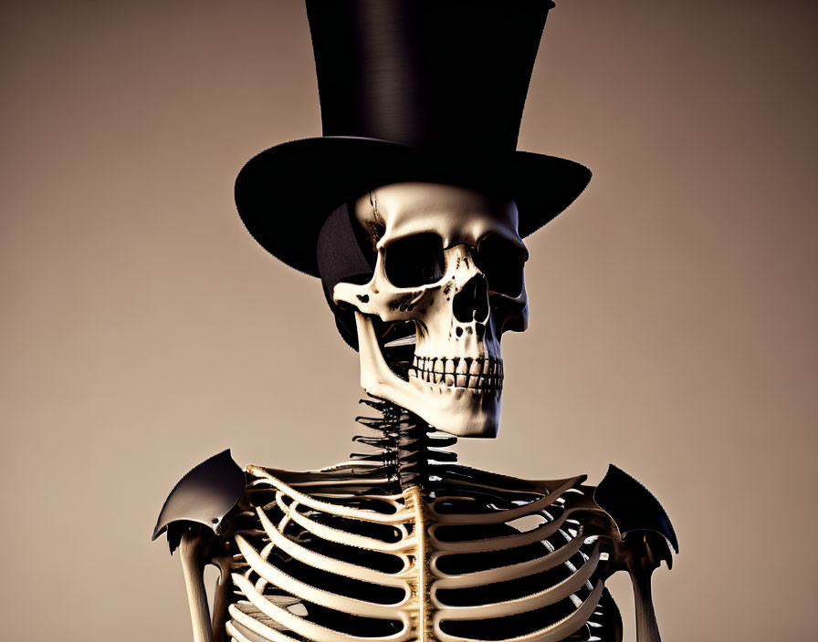 Detailed 3D Skeleton with Top Hat on Beige Background