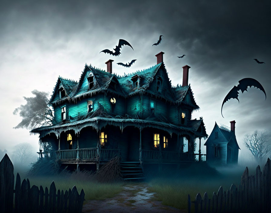 Eerie Victorian house at dusk with bats and misty atmosphere