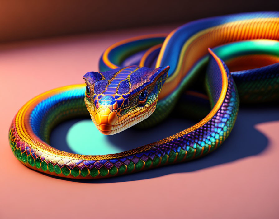 Colorful Digital Snake with Iridescent Scales on Pink Background